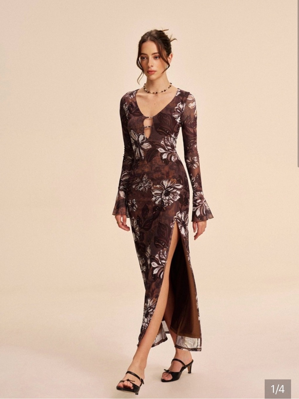Commence Long Sleeve Brown Floral Maxi Dress with Side Slit